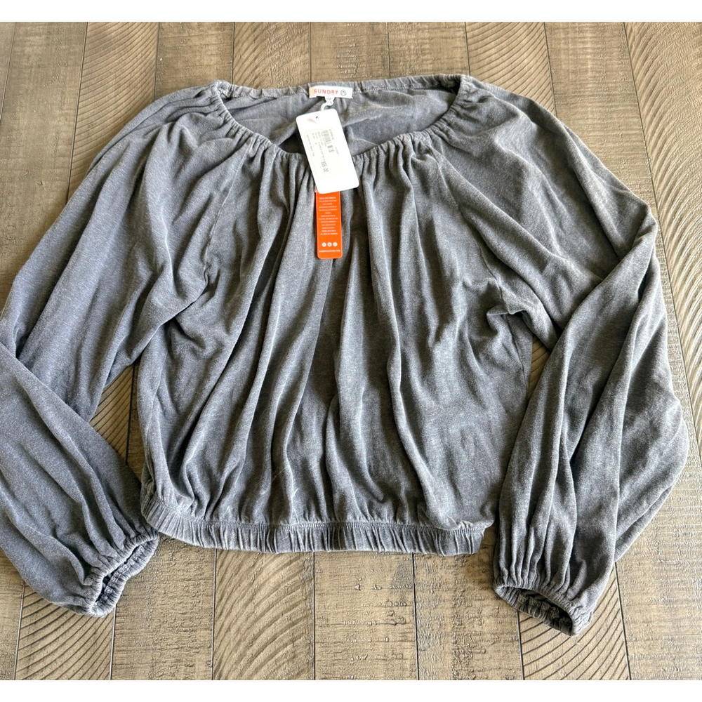 Sundry Gray Gathered Neck Balloon Sleeve Top Size 0 | NWT $98 Evereve - Picture 3 of 7